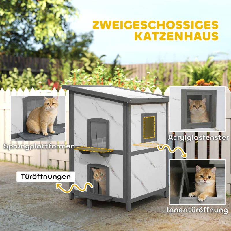PawHut Buitenkattenhuis, Houten Huis voor Katten, Meerdere Ingangen, Raam, Waterdicht, 60 x 60 x 88 cm, Wit