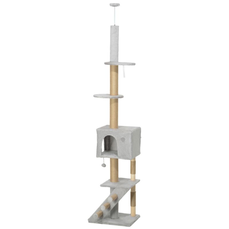 PawHut Arranhador para Gatos do Chão ao Teto de 225-265 cm  com Altura Ajustável Múltiplas Plataformas Escada Bola Suspensa Cinza Claro