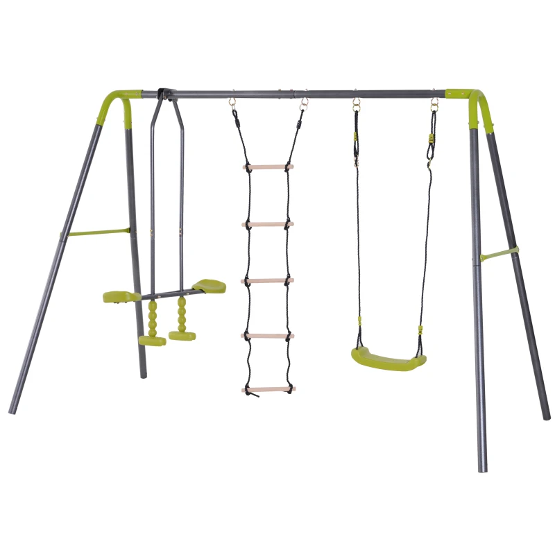 HOMCOM Conjunto de Baloiços 3 em 1 para Crianças acima de 3 Anos Baloiços e Escada de Corda 295x138x175 cm Cinza e Verde