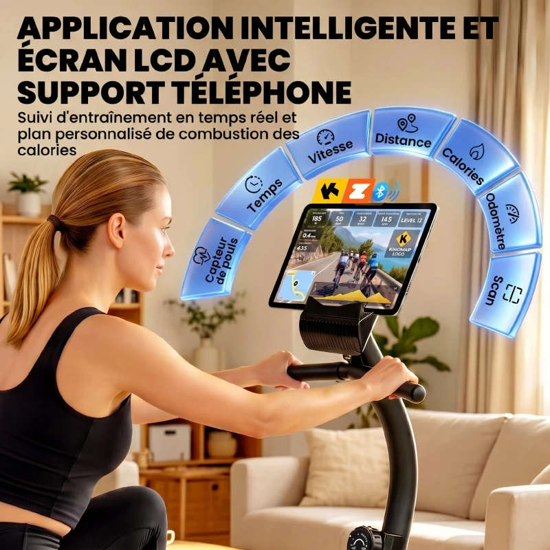 SPORTNOW Vélo d'Appartement Magnétique Vélo Couché Semi-allongé Silencieux Connecté Kinomap 8 Niveaux 136x56x106cm Bleu
