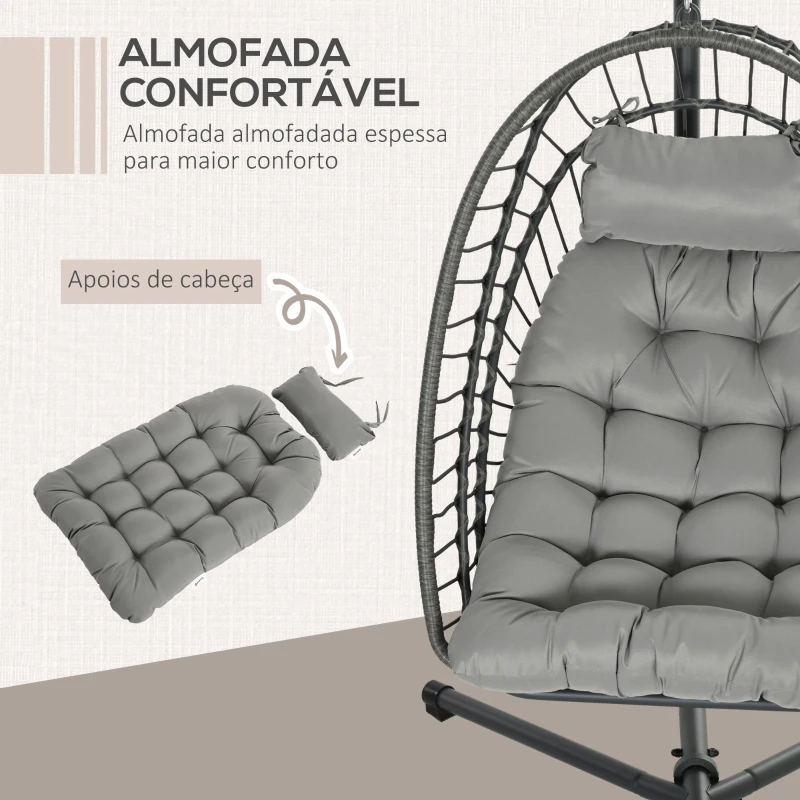 Outsunny Cadeirão Suspenso de Vime Dobrável com 2 Almofadas e Estrutura de Aço Capacidade 100 kg 100x131x194 cm Cinza Escuro