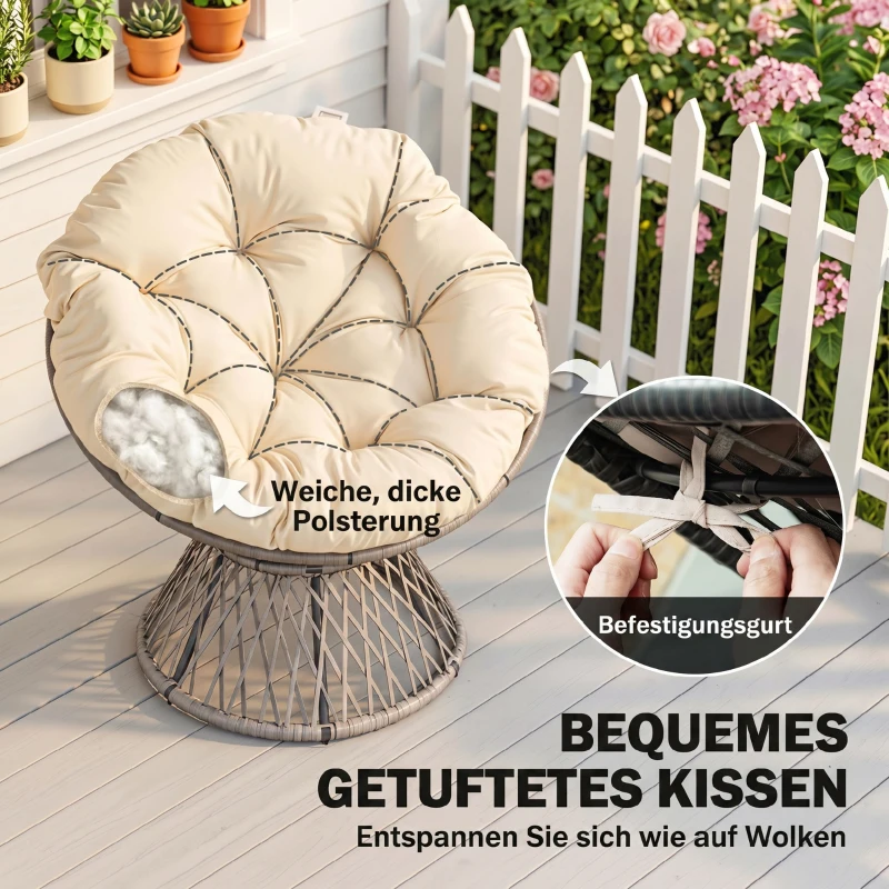 Outsunny Papasansessel, Korbsessel, Sitzkissen, Kunstrattan, drehbar, Metallrahmen, 87 x 97 x 86 cm, Beige