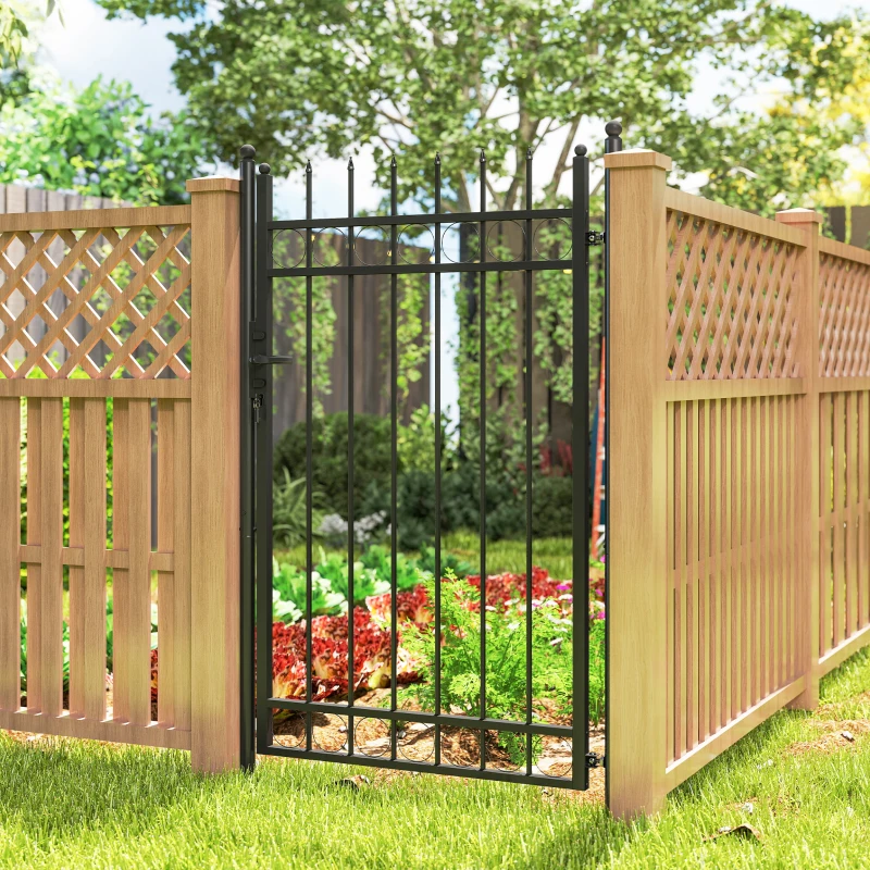 Outsunny Cancello Giardino a 2 Paletti con Maniglia, Lucchetto e 3 Chiavi, in Acciaio Zincato, 105x204 cm, Nero