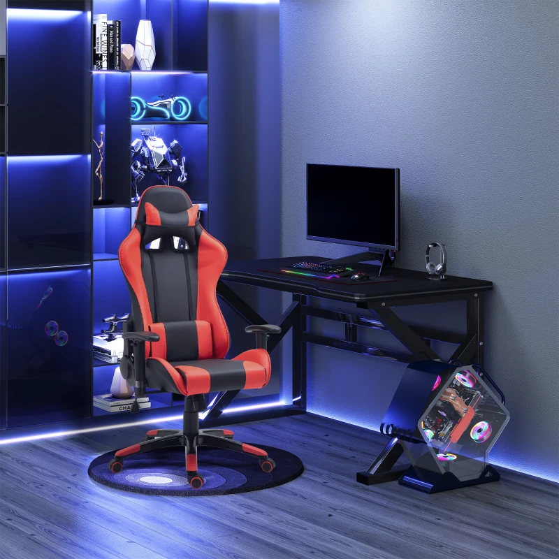 HOMCOM Sedia Gaming Professionale Girevole，Sedia da Ufficio Reclinabile con Sostegno Lombare e Collo PVC 67 x 67 x 123-132cm Nero-rosso