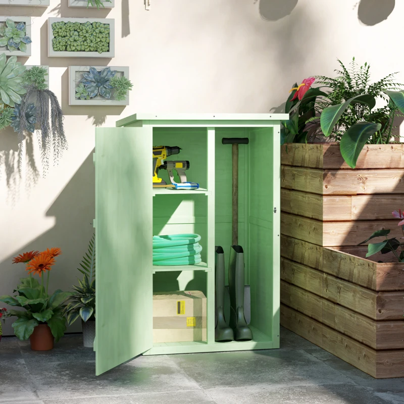 Outsunny Armário de Jardim em Madeira para Exterior com 2 Prateleiras e Telhado de Asfalto 75x56x115 cm Verde