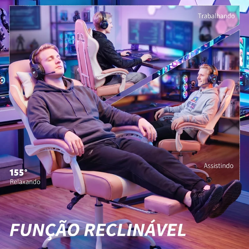 HOMCOM Cadeira Gaming Reclinável 155° com Suporte Lombar com Massagem Apoio de Cabeça e Apoio para os Pés 63x66x126-134 cm Rosa