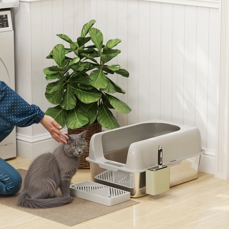 PawHut Kattentoilet, Roestvrijstaal, Hoge Randen, Opbergbox, Lichtgrijs