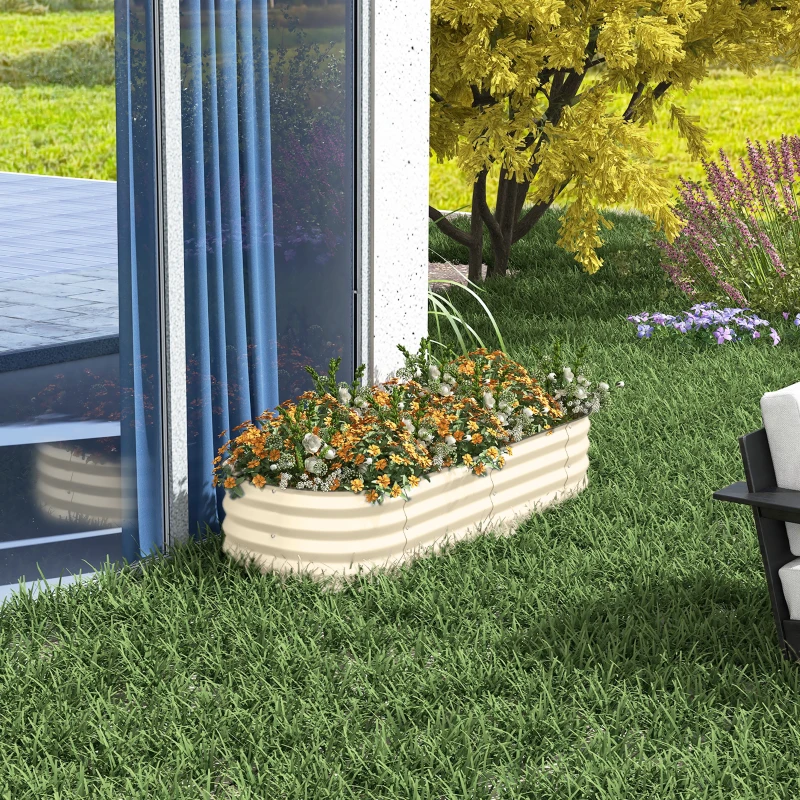 Outsunny Galvanised Raised Garden Bed, Metal Planter Box with Safety Edging, for Flowers, Herbs, Succulents, Cream White