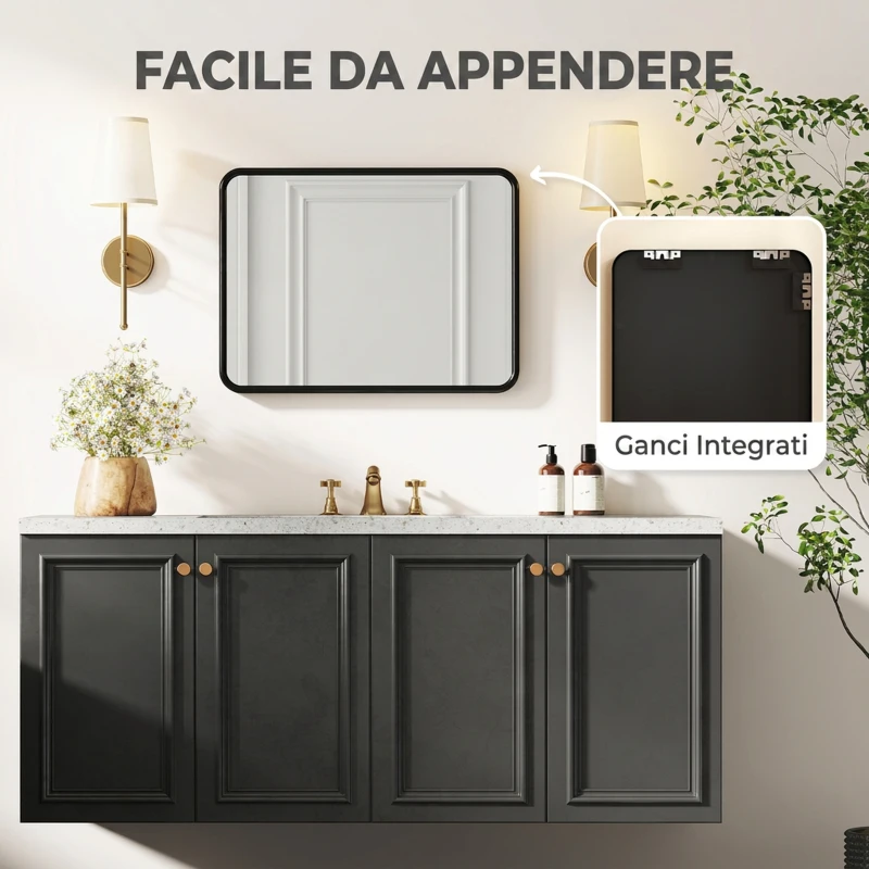HOMCOM Specchio da Parete Rettangolare, Cornice in Metallo, 40.5x30 cm, per Soggiorno, Ingresso, Camera da Letto, Nero