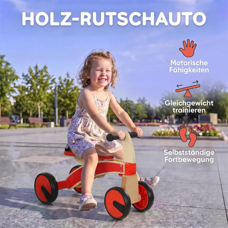 AIYAPLAY Kinder loopauto van hout met EVA-wielen en hoge rugleuning, voor 2-3 jaar, rood