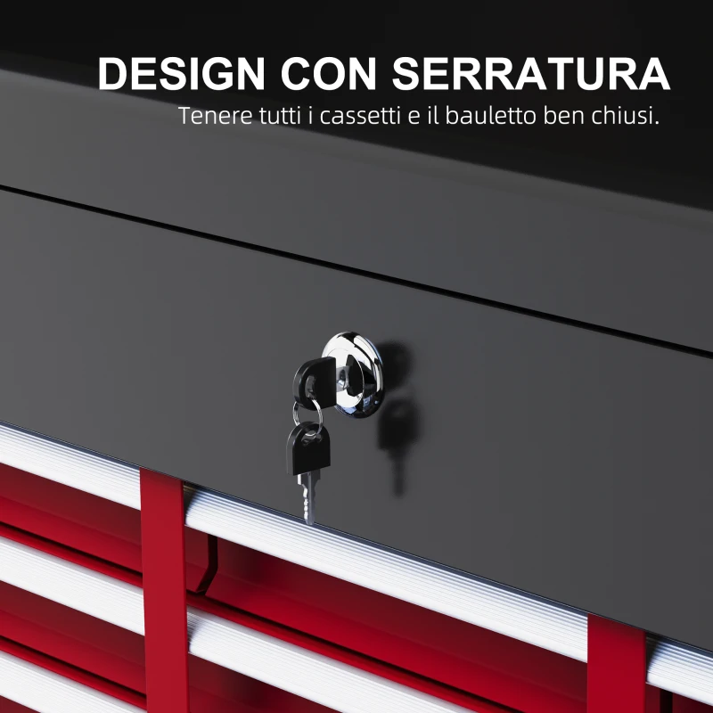 HOMCOM Cassetta per Attrezzi a 6 Cassetti in Acciaio con Serratura, 60x26x34cm, Nero e Rosso
