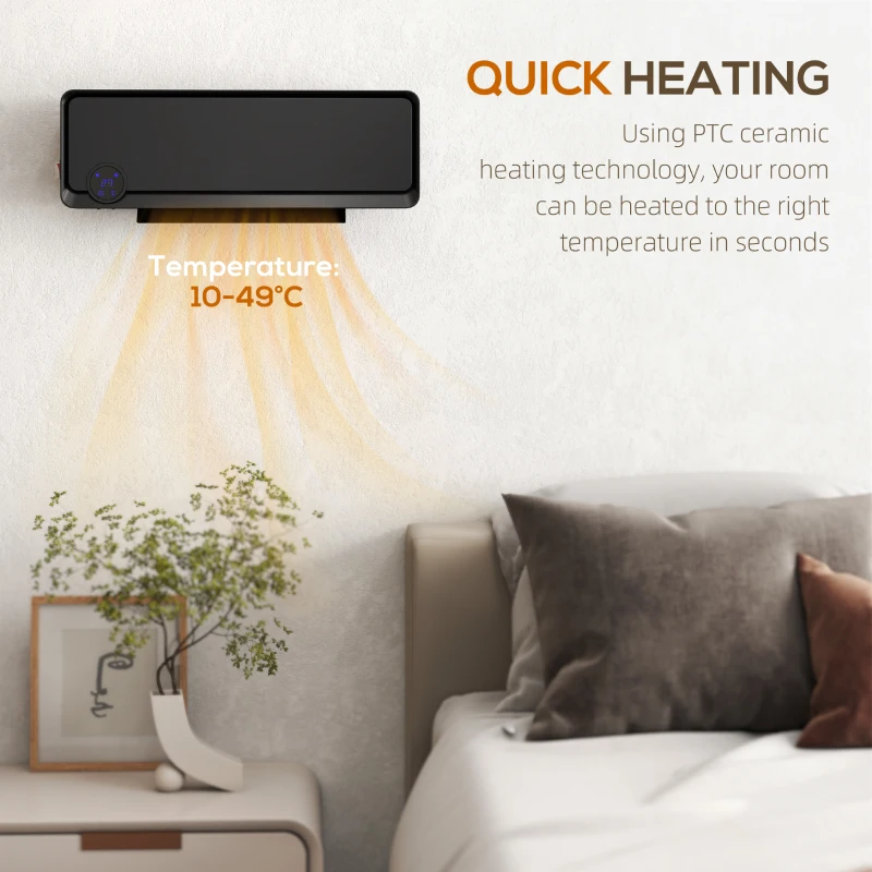 HOMCOM Wall Downflow Heater 2 Heat and Fan 1000W/2000W, Electric Space Heater with Timer Remote Oscillating, for Bedroom Home Office, Black