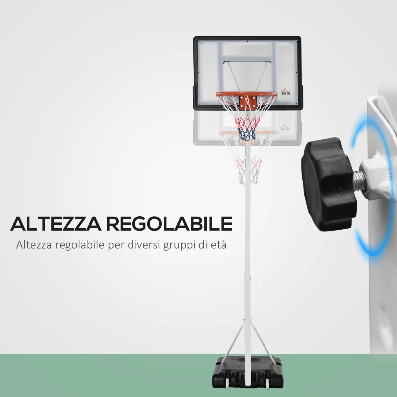 HOMCOM Canestro Basket per Adulti con Tabellone in PVC Regolabile 210-260cm Ruote Integrate Bianco