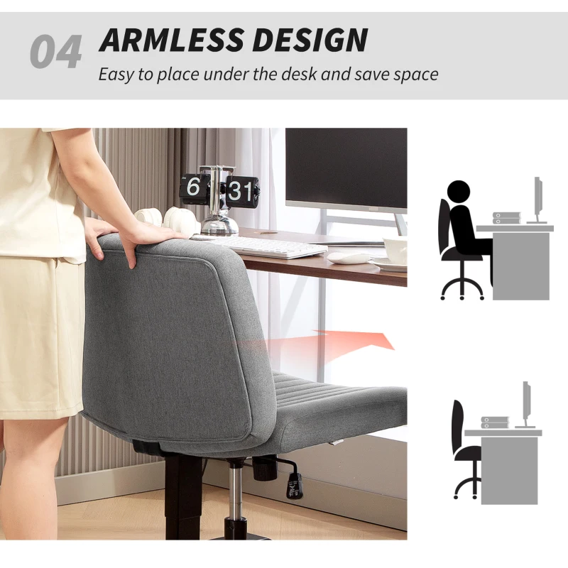 HOMCOM Armless Office Chair No Wheels, Linen Fabric Criss Cross Legged Desk Chair with Wide Seat, Thick Padding, Rock Function, Height Adjustable Swivel Computer Seat for Home, Grey