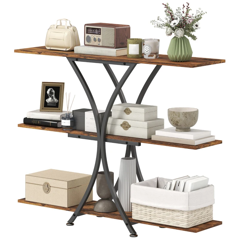 HOMCOM Mesa Consola de 3 Níveis Estilo Industrial com 2 Prateleiras Abertas e Estrutura Metálica em X Consola Estreita 110x30x91 cm Castanho Rústico