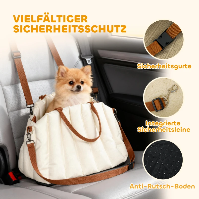 PawHut autostoel voor honden tot 5 kg, 2 riemen, Oxford-stof, kussen, riem, crèmewit