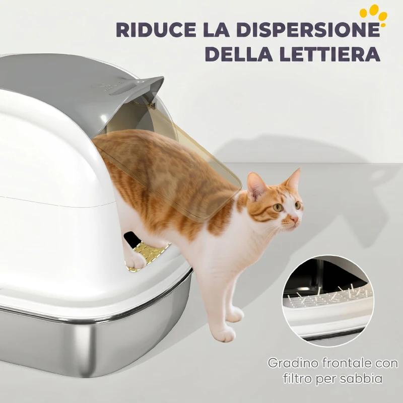 PawHut Lettiera Gatto Chiusa XL in Acciaio Inox con Coperchio Sollevabile, Paletta, Pacchetto Deodorante, Bianco