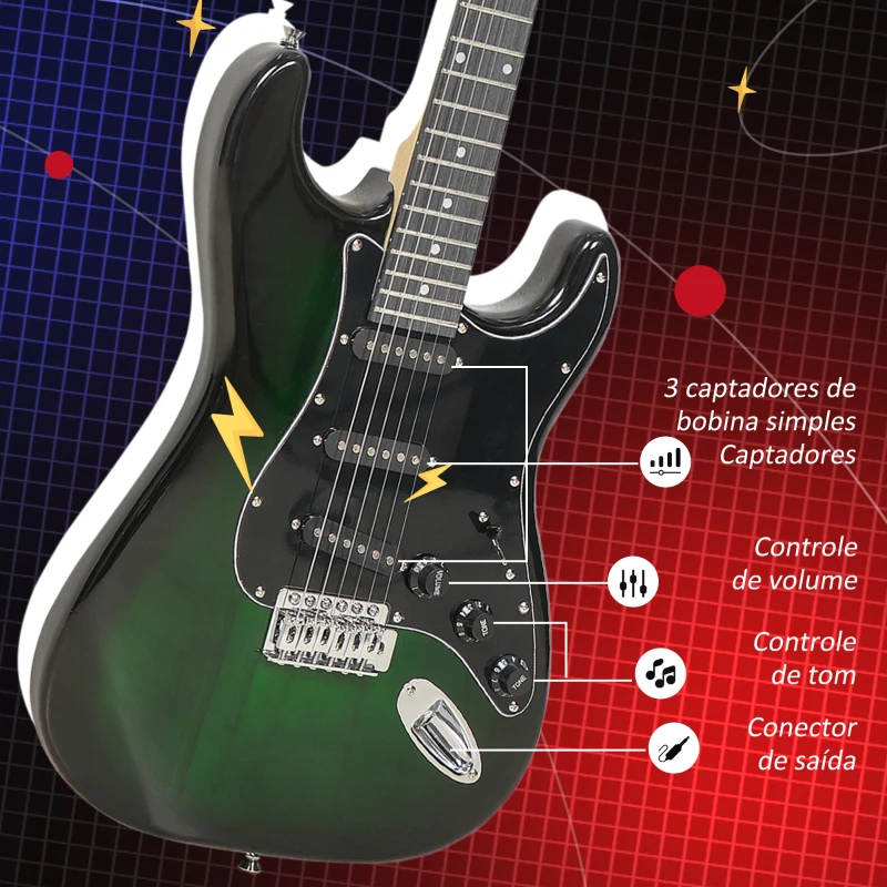 SPORTNOW Kit Guitarra Elétrica de Iniciação com Amplificador 15W Afinador Digital Cordas Correia 3 Palhetas Preto