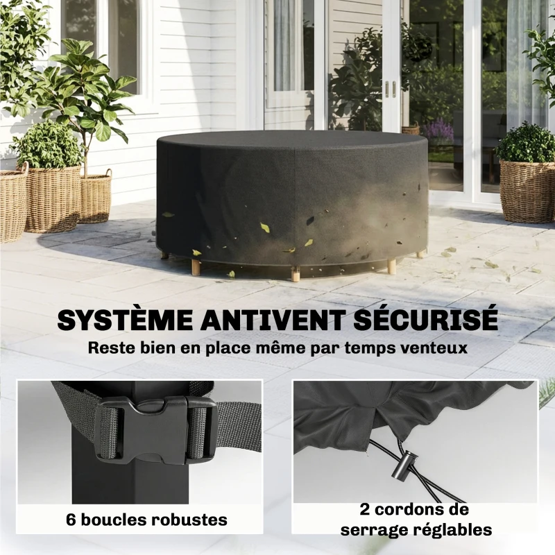 Outsunny Housse de mobilier de jardin imperméable pour table ronde, tissu Oxford 420D pour jardin extérieur, Ø200 x 80 cm, noir