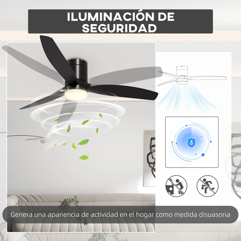HOMCOM Ventilador de Techo con Luz LED 46W Ventilador de Techo Silencioso Ø132 cm con 3 Aspas Reversibles Control Remoto Negro