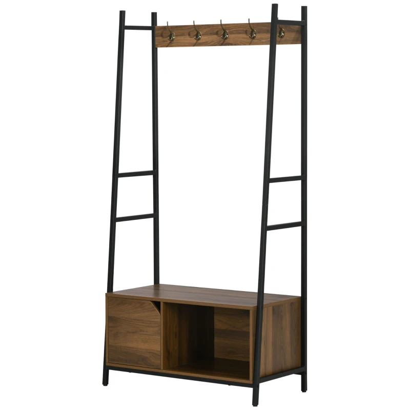 HOMCOM Móvel Cabide de Entrada com Sapateiro Banco 5 Ganchos Armário e Prateleira Aberta 84x40x169cm Marrom Rústico