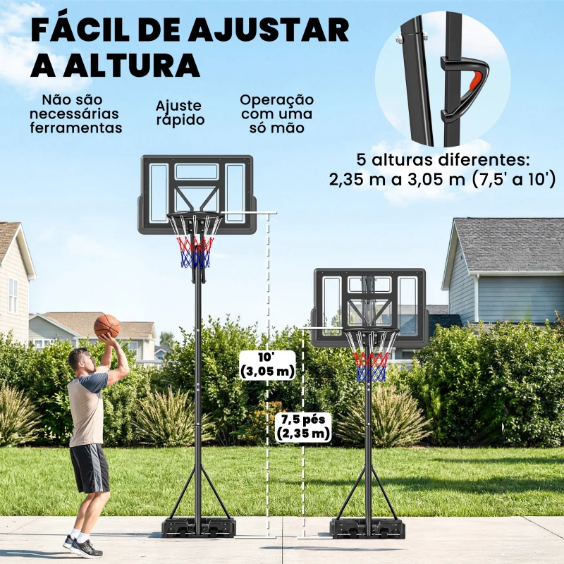 SPORTNOW Tabela de Basquetebol para Exterior com Rodas, Altura Ajustável (2,35-3,05 m), Base Preenchível e Bolsa de Peso, Cor Preto