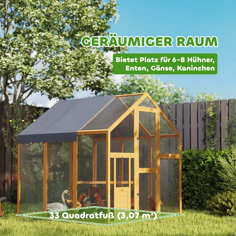 PawHut Kippenhok 3,07㎡ Buitenverblijf Hout met Waterdichte Afdekking, Veiligheidsslot, Geschikt voor 6-8 Kippen 1,7 x 1,8 x 1,8 m