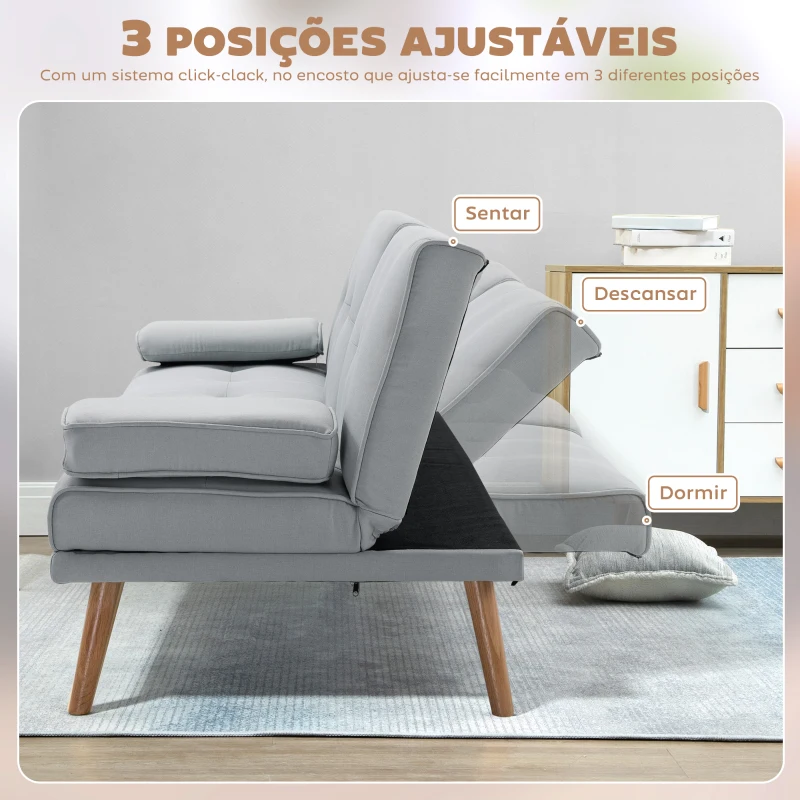 HOMCOM Sofá Cama 3 Lugares com Encosto Ajustável Apoio para os Braços Desmontável e 2 Suportes para Copos 181x77x78 cm Cinza Claro