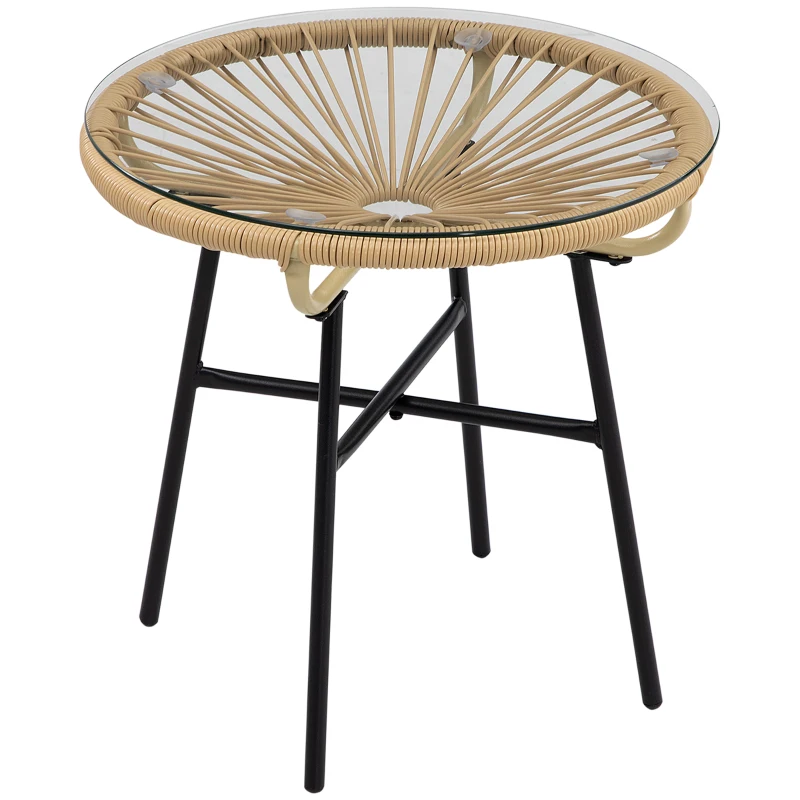 Outsunny Gartentisch im Boho-Stil, PE-Rattan, gehärtetes Glas, wetterbeständig, 50 cm x 50 cm x 50 cm, Beige