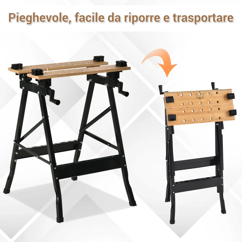 HOMCOM Banco da Lavoro Pieghevole con 4 Morse, Riga e Goniometro, Portata 150 kg, Nero e Legno