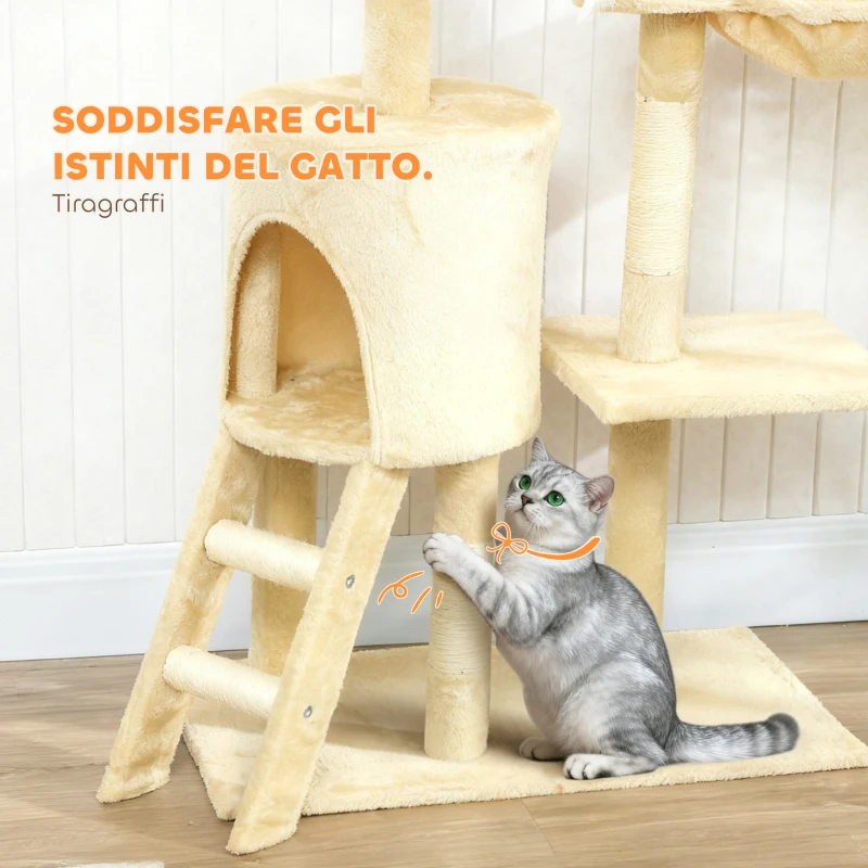 PawHut Torre per Gatti con Casetta, Trespolo, Piattaforme e 4 Topolini Appesi, 60x35x134 cm, Beige