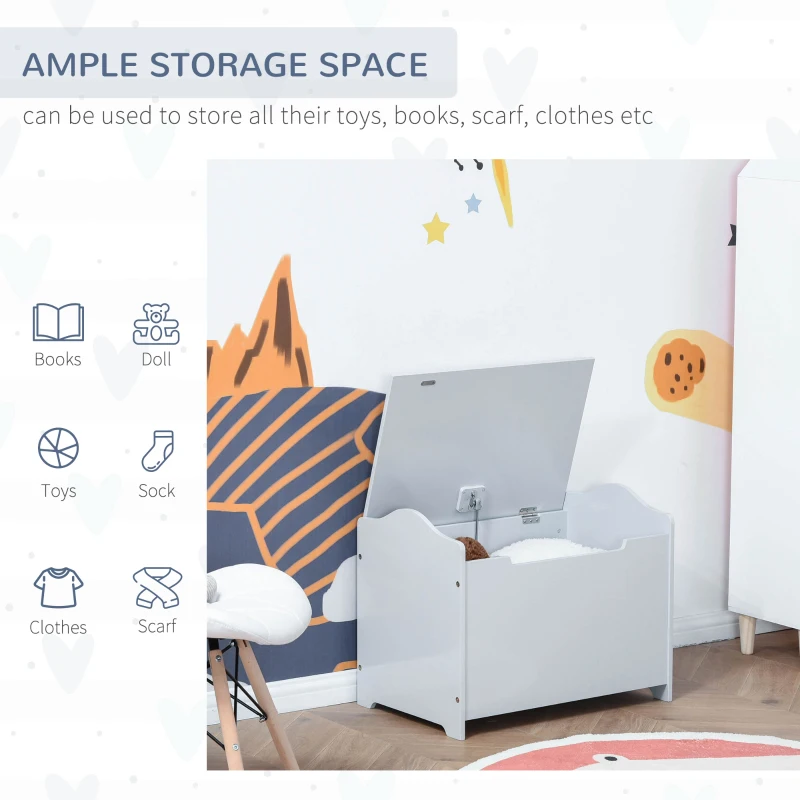 HOMCOM Wooden Kids Toy Box Children Storage Organizer Chest Safety Hinge Playroom Furniture Grey