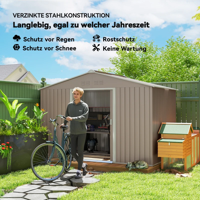 Outsunny Metalen tuinschuur met schuifdeuren en ventilatieramen, 277 x 195 x 192 cm, lichtgrijs