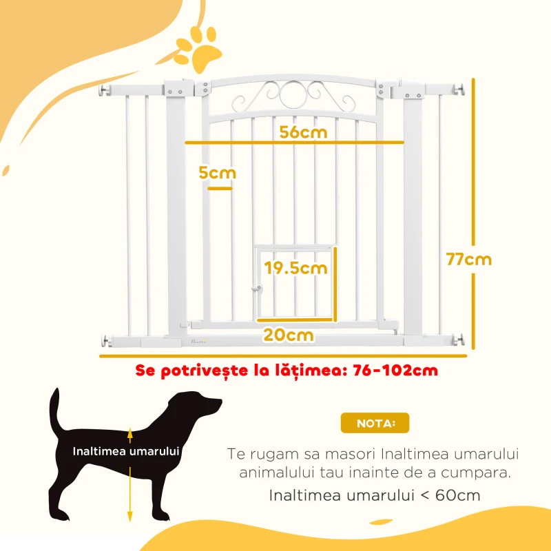 PawHut Poartă Reglabilă pentru Câini, Albă, cu Extensii, Poartă pentru Pisici și Deschidere cu o Singură Mână, 76-104x77 cm
