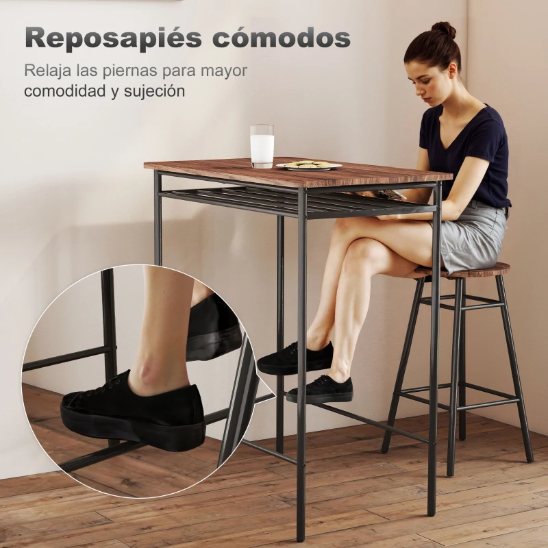 HOMCOM Mesa Alta de Cocina con 2 Taburetes Industrial Estante Abierto Reposapiés Ahorro de Espacio para Espacios Reducidos