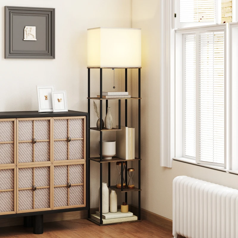HOMCOM Lampadaire avec étagères, lampadaire sur pied de salon dimmable, télécommande, 40 x 29 x 171 cm, brun rustique