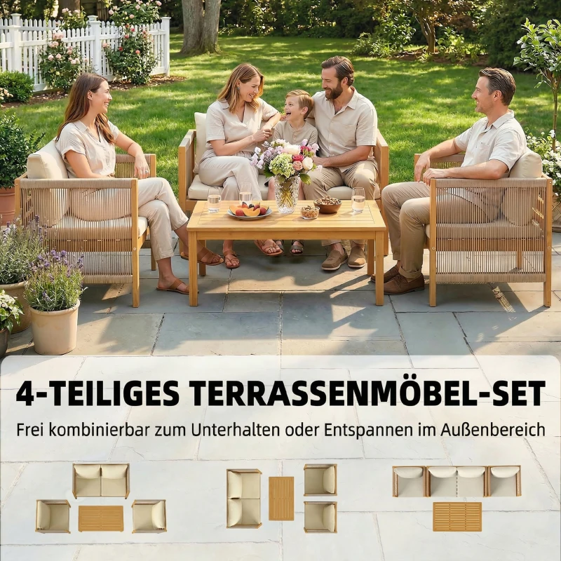 Outsunny Tuinmeubelset Hout Zitgroep voor 4 Personen met 2-zitsbank 2 Fauteuils Tafel Touwdecor Lattenstructuur Wasbare Kussens
