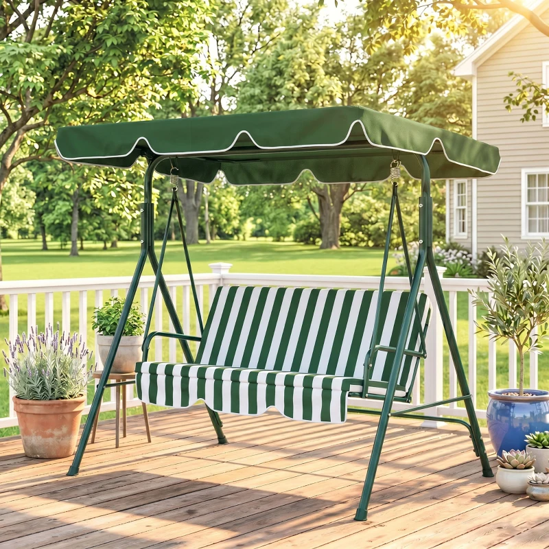 Outsunny Baloiço de Jardim de 3 Lugares com Almofada Toldo Ajustável e Estrutura de Metal 172x110x153cm Verde e Branco
