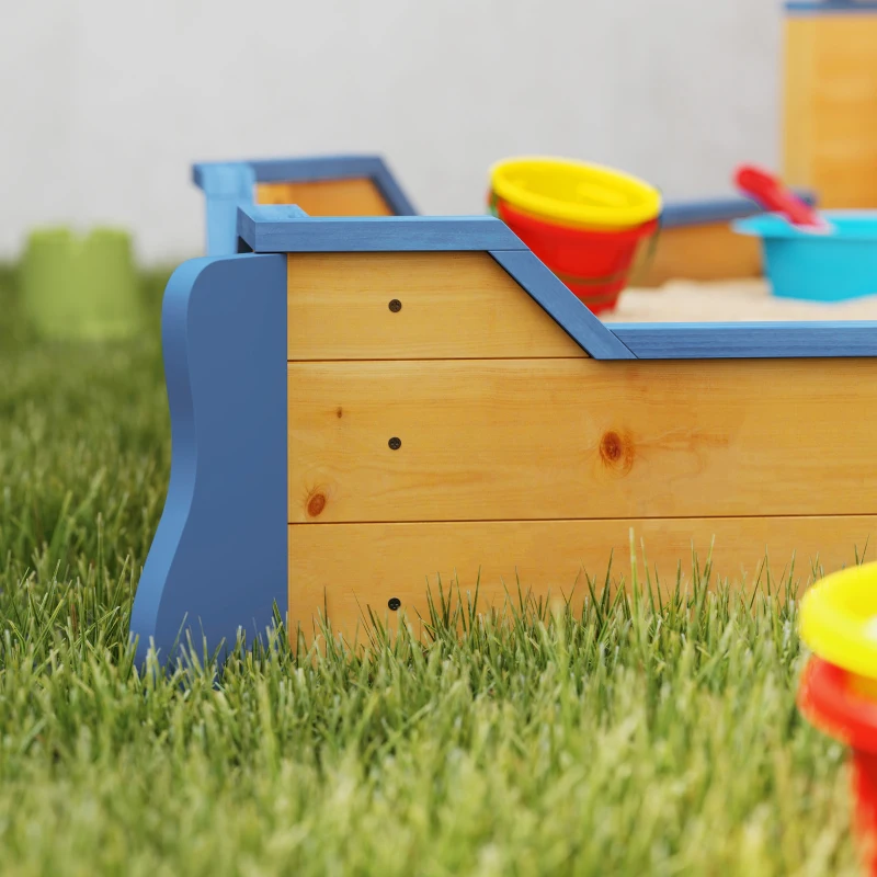 Outsunny Caixa de Areia Infantil de Madeira Desenho de Galeão com Assento 2 Degraus Bandeira Vermelha e Leme Caixa de Areia de Jardim para Crianças acima de 3 Anos 158x78x45,5cm Natural