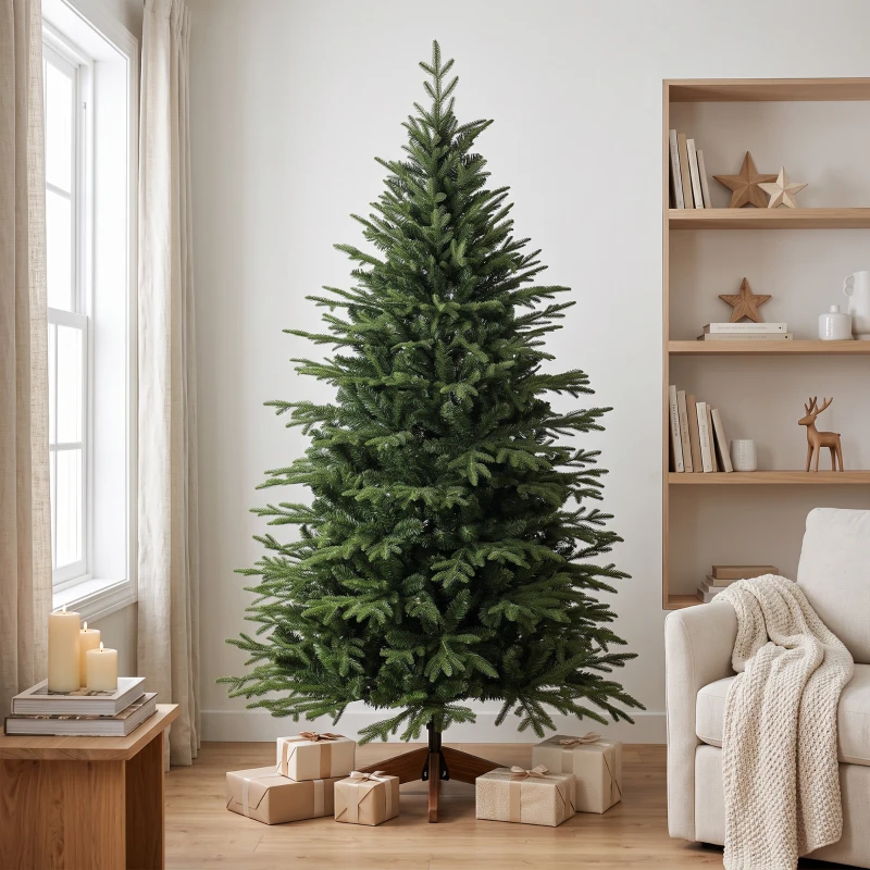 HOMCOM 180 cm Artificial Christmas Tree Full Hinged Xmas Tree Solid Pine Wood Stand, Green