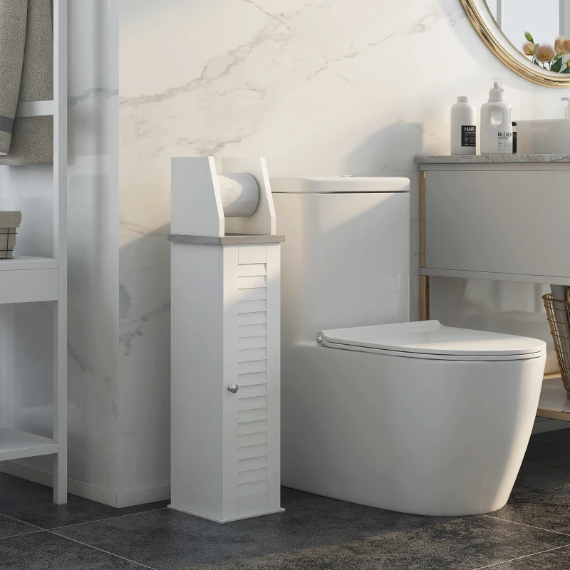 kleankin Toilet Roll Holder Cabinet, Slim Freestanding Bathroom Cabinet with Adjustable Shelf, Toilet Roll Storage Unit, White