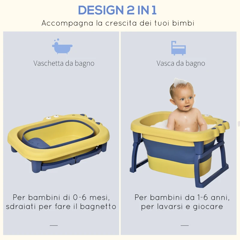 HOMCOM Vaschetta Bagnetto Neonato Pieghevole con Supporto Antiscivolo, Vaschetta da Bagno Portatile per Neonati e Bambini di 0-6 Anni con Foro di Scarico, 75.3x55.4x43cm, Blu e Giallo