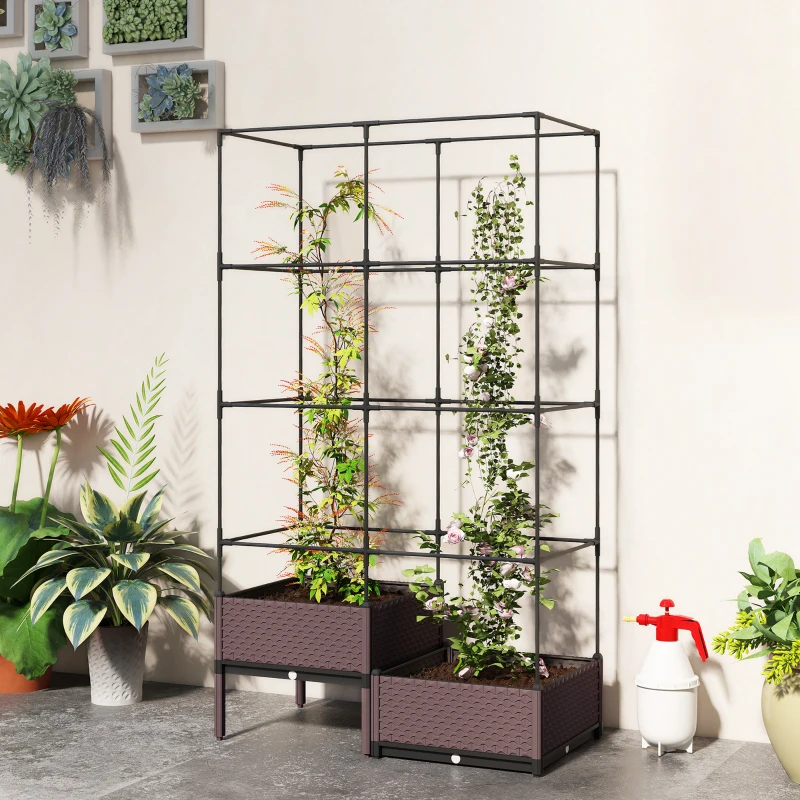Outsunny Floreira com Grade Metálica para Plantas Trepadeiras 2 Caixas de PP com Orifícios de Drenagem 100x50x174 cm Preto
