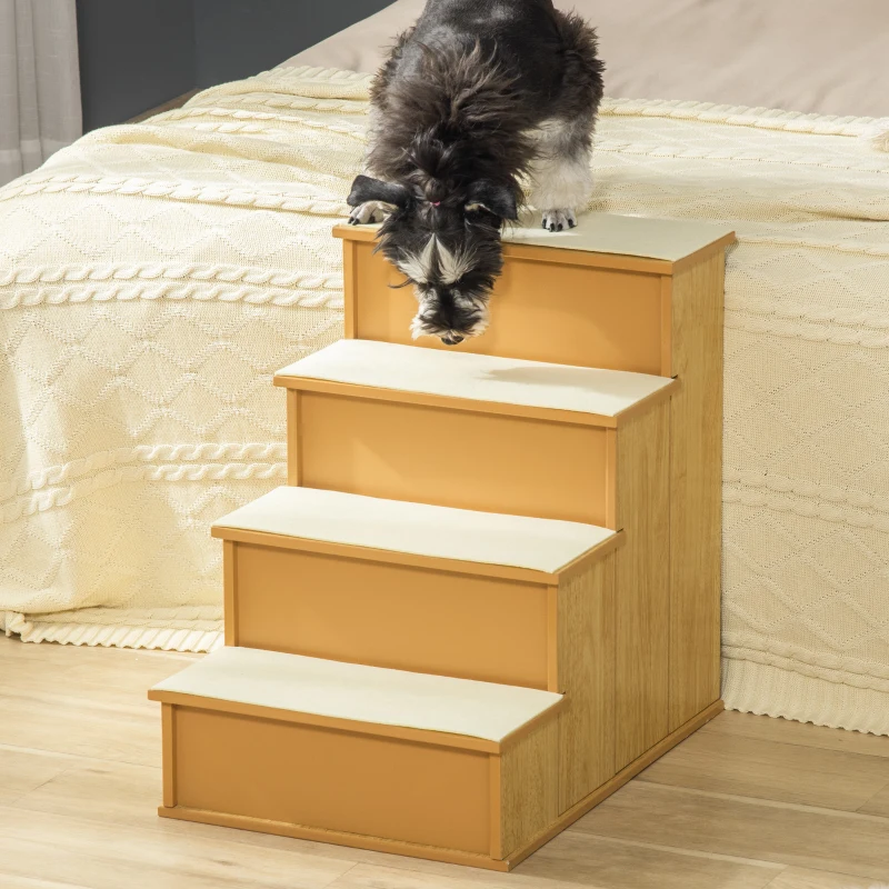 PawHut Huisdierentrap, voor honden/katten, 4-traps, Kortpluche, tot 30 kg, 40 x 59 x 54,2 cm, Natuurlijk