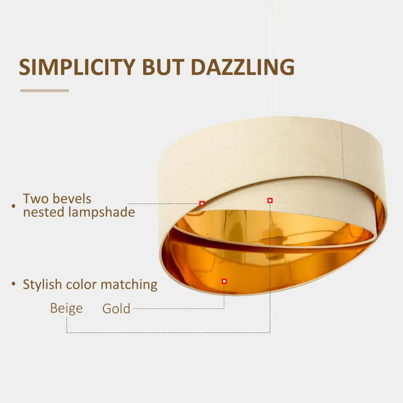 HOMCOM Modern Pendant Light with Adjustable Hanging Chain and Two Bevel Nested Lampshade, Metal Chandelier for Living Room, Bedroom, Dining Room, Office, Beige and Gold