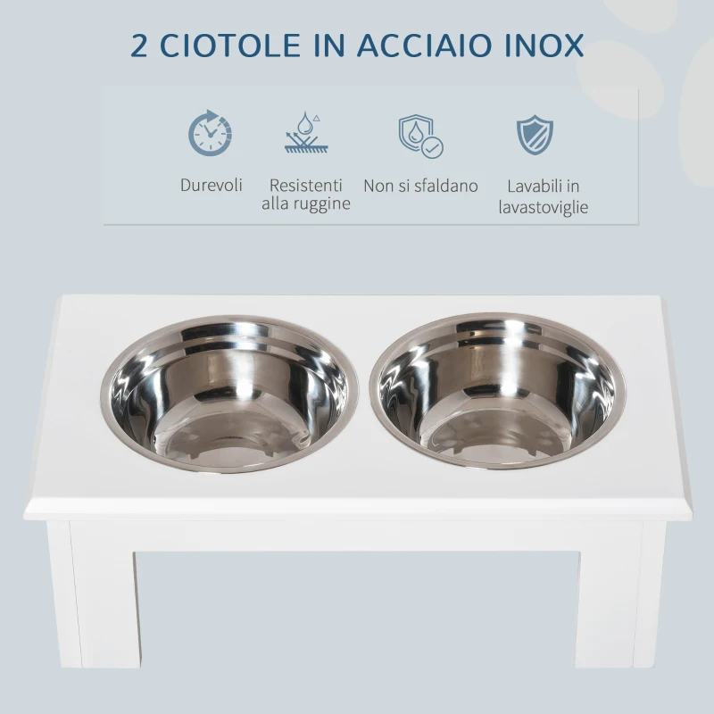 PawHut Ciotole Rialzate per Cani Piccoli e Taglia Media, Supporto in MDF con 2 Ciotole in Acciaio, Bianco