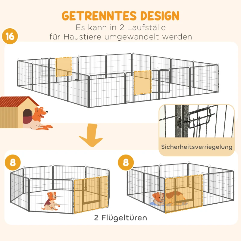 PawHut Welpenlaufstall 16-TLG Welpenauslauf mit 16 Gitterplatten Tür flexibel Schutzplane 60cm hoch Welpengitter Laufstall für Haustiere Hund Katze Welpe Laufgitter für drinnen und draußen