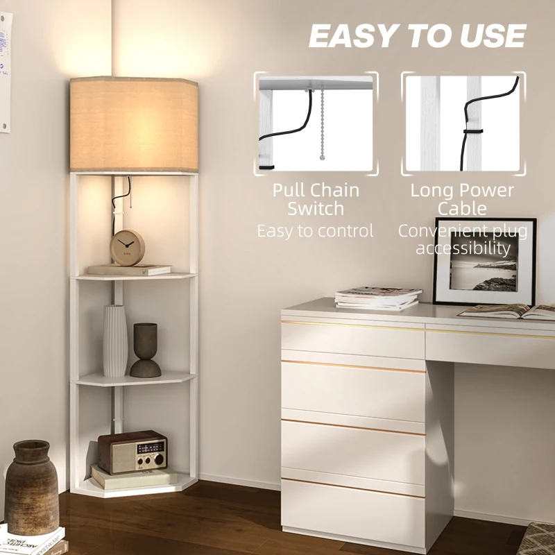 HOMCOM Corner Floor Lamp with Shelves, Tall Standing Lamps for Living Room, with Pull Chain Switch Bulb not Included, White