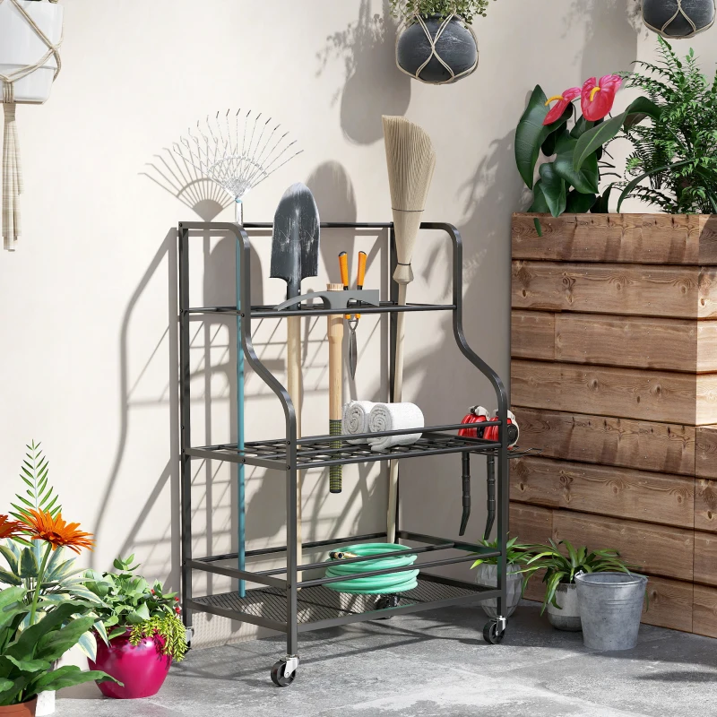 Outsunny Gartenwerkzeug-Organizer 3-stufig Gartengeräte Ständer mit Haken bis 40 kg belast 77x40x97cm Schwarz