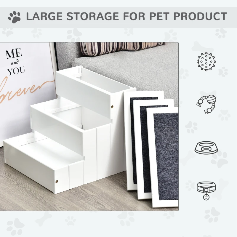 PawHut Dog Steps for Bed Sofa, 3 Step Wooden Dog Stairs for Sofa, Pet Stairs with Storage for Small Cats and Puppy, White